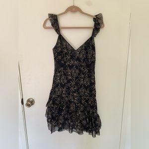 Black and Gold Embroidered Mini Dress with ruffled bottom and sleeves